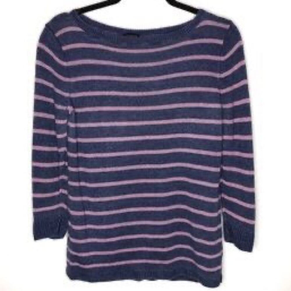Talbots Size Medium 100% Linen Crew Neck Sweater-Striped Navy and Mauve